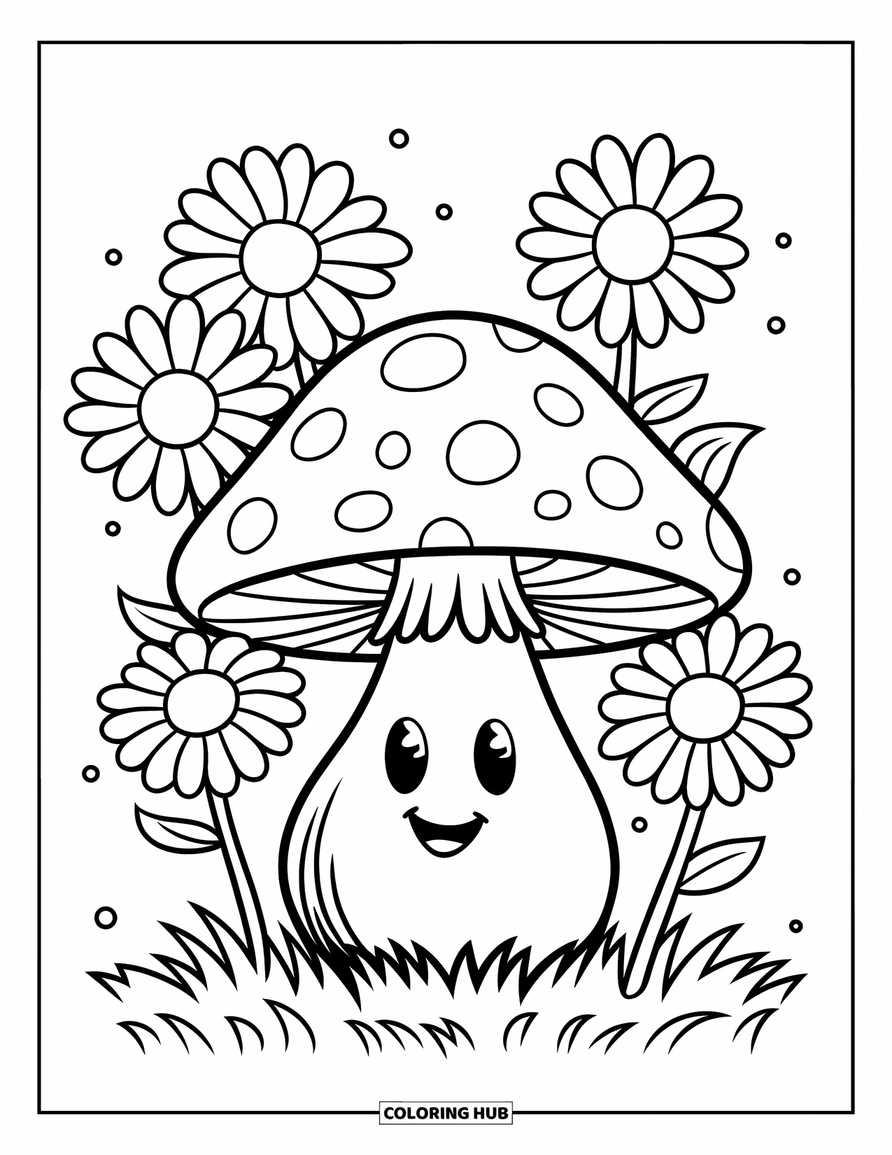 Mushroom Coloring Page for Kids: A mushroom with smiling face surrounded by daisies and grass