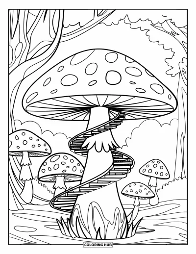 Mushroom Coloring Page for Kids: A mushroom with stairs spiraling up its stem in a magical forest