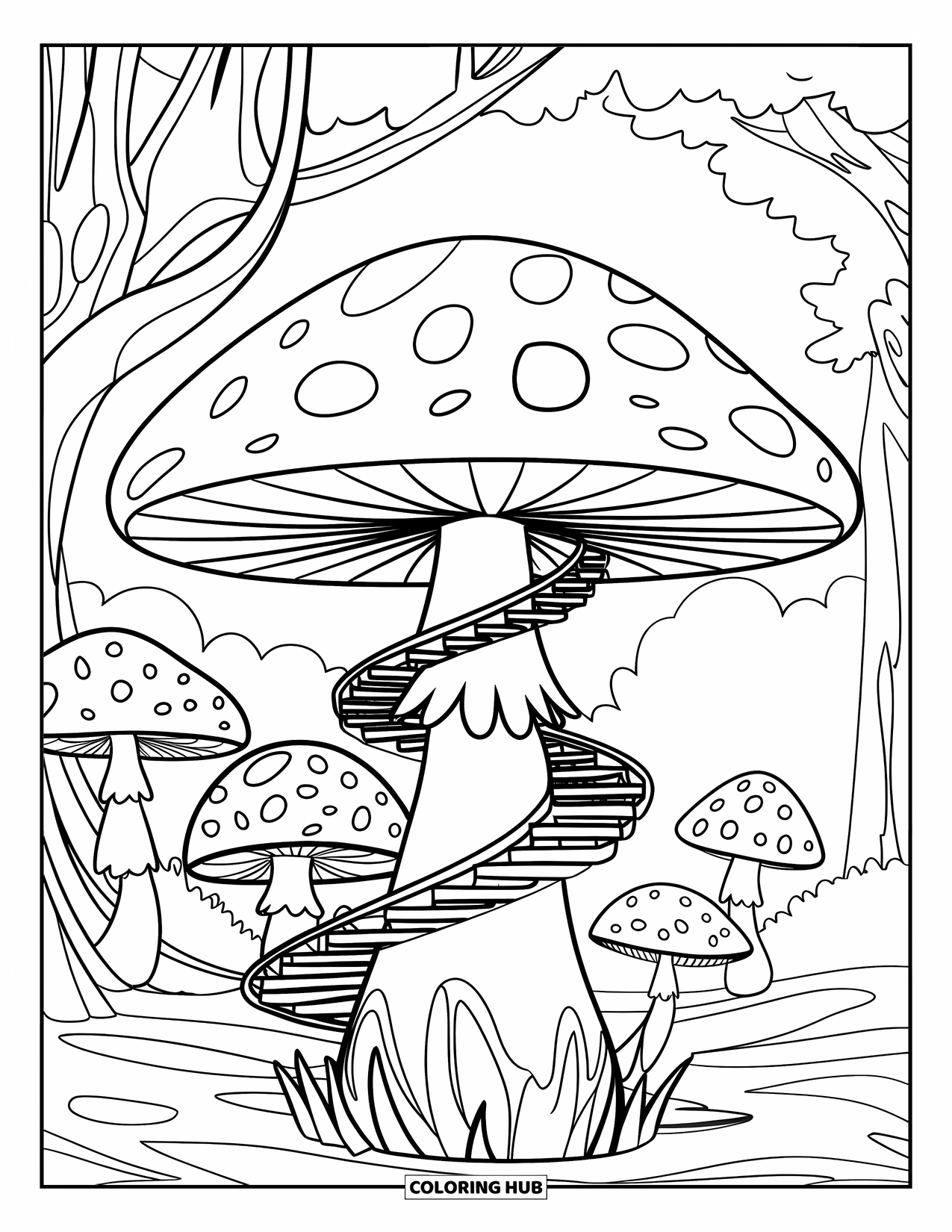 Mushroom Coloring Page for Kids: A mushroom with stairs spiraling up its stem in a magical forest