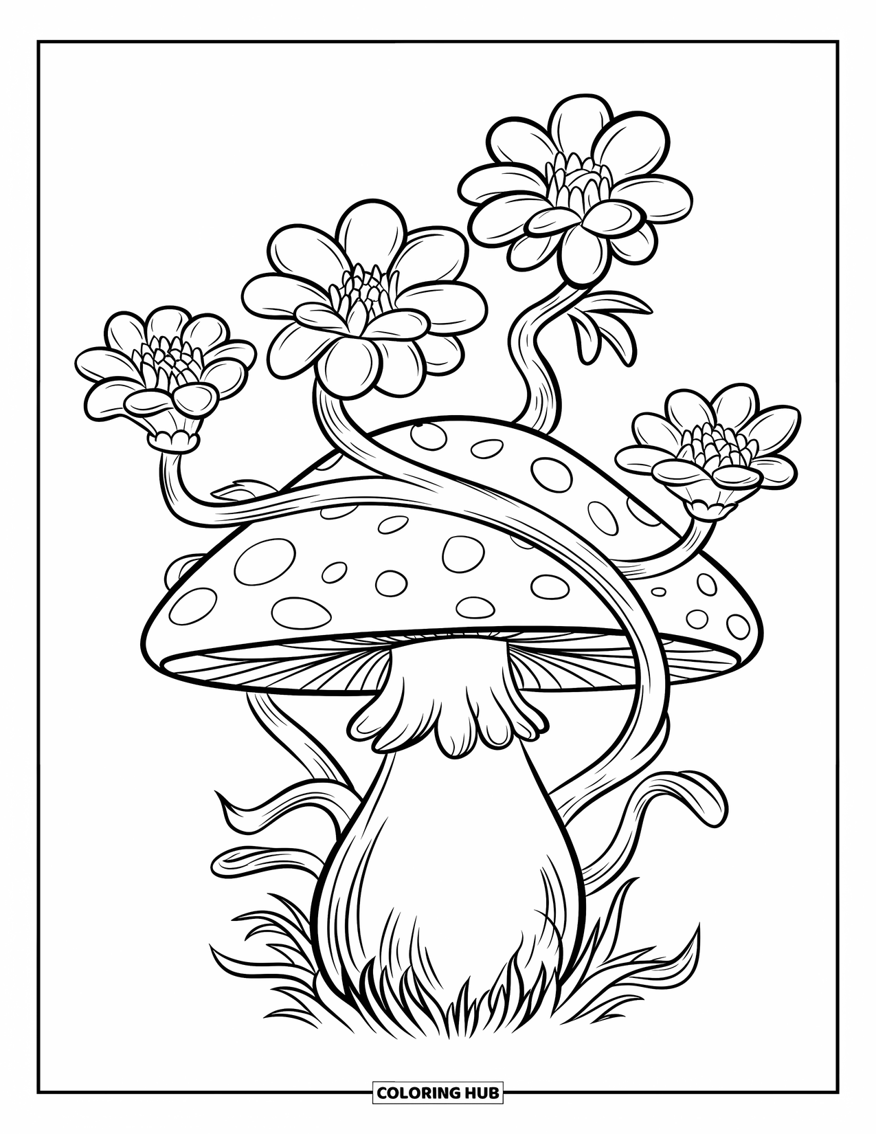Mushroom Coloring Page for Kids: A mushroom with vines and blooming flowers