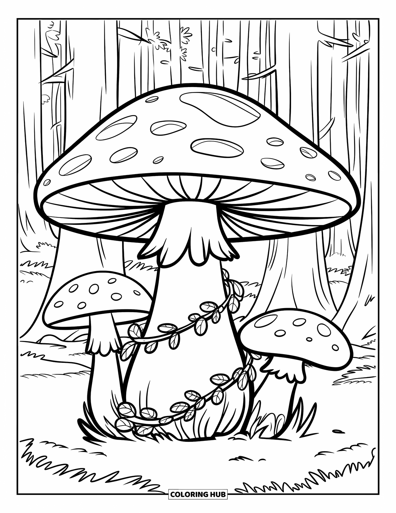 Mushroom Coloring Page for Kids: A mushroom with vines and smaller mushrooms around it