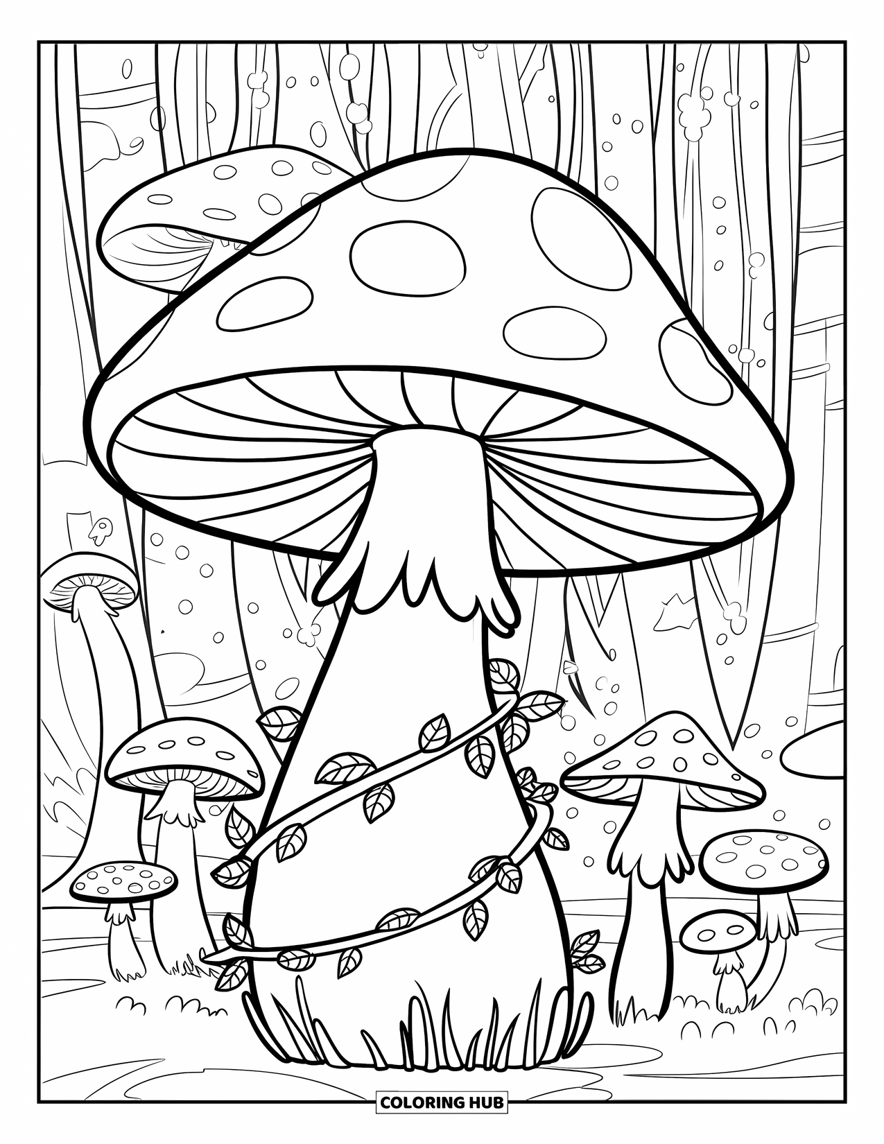 Mushroom Coloring Page for Kids: A mushroom with vines in a forest setting