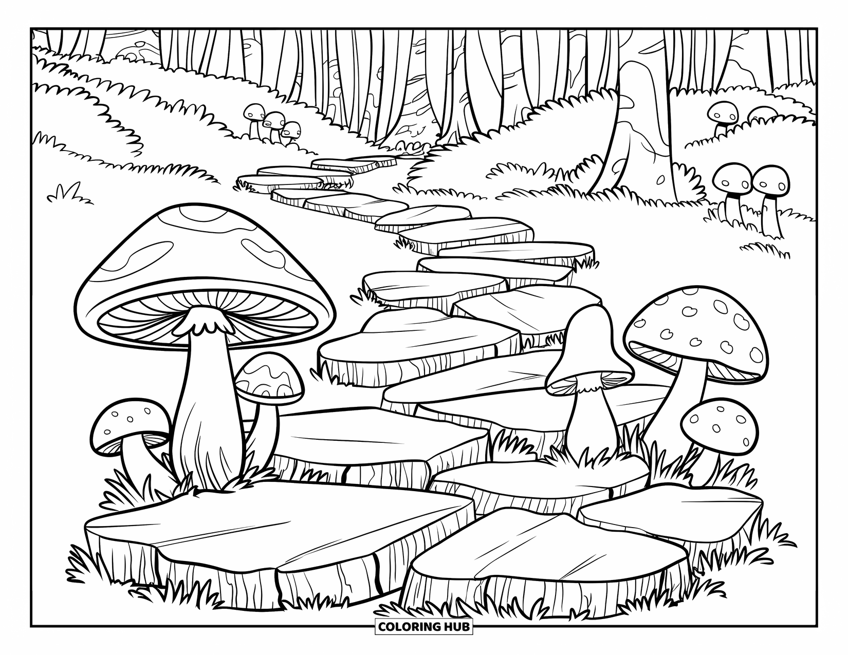 Mushroom Coloring Page for Kids: A path with mushrooms, cracked stones, and trees