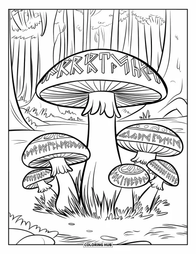 Mushroom Coloring Page for Kids: A ring of mushrooms with ancient runes