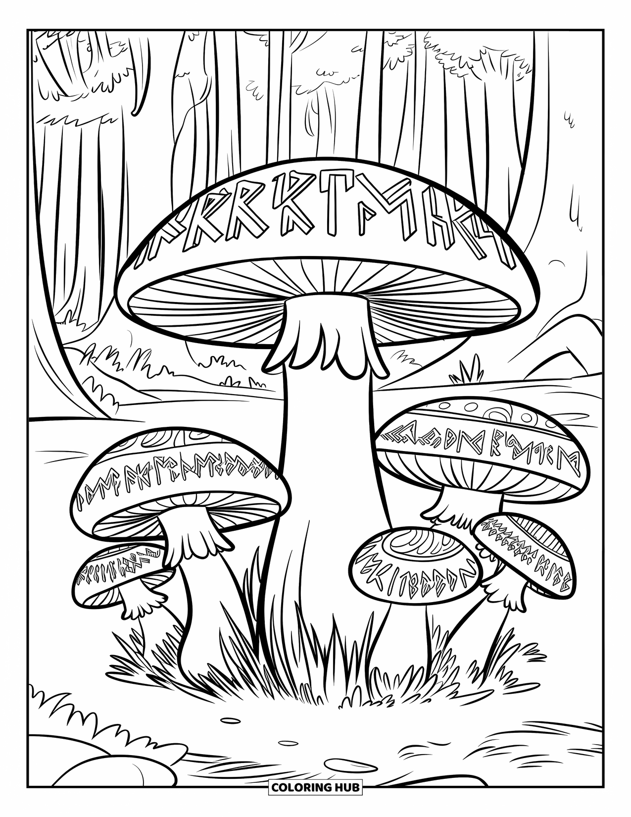 Mushroom Coloring Page for Kids: A ring of mushrooms with ancient runes