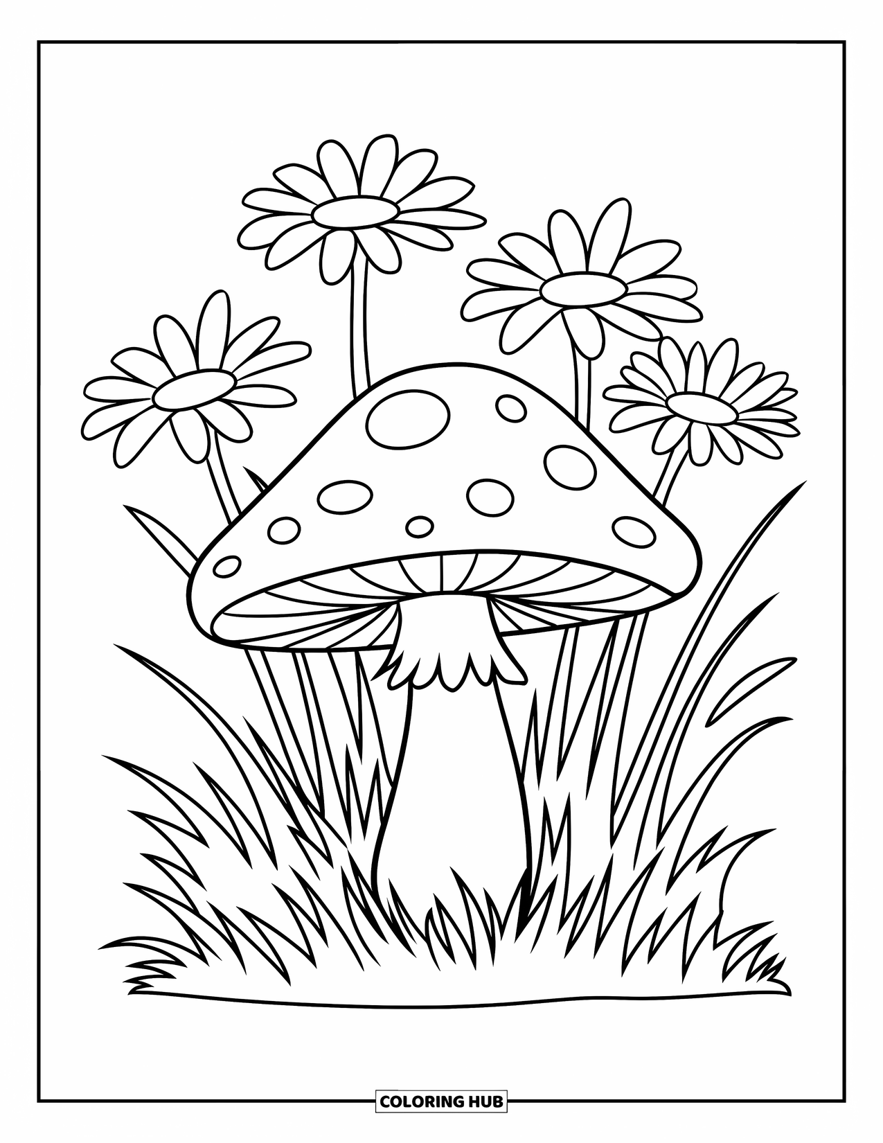 Mushroom Coloring Page for Kids: A simple mushroom with daisies and grass around it