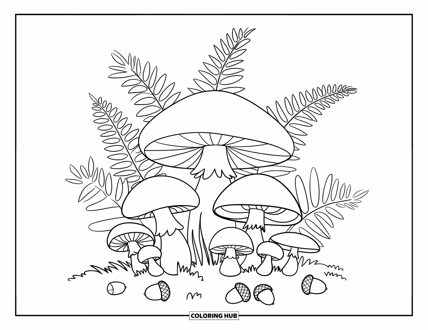 Mushroom Coloring Page for Kids: A small clearing with mushrooms, acorns, and ferns