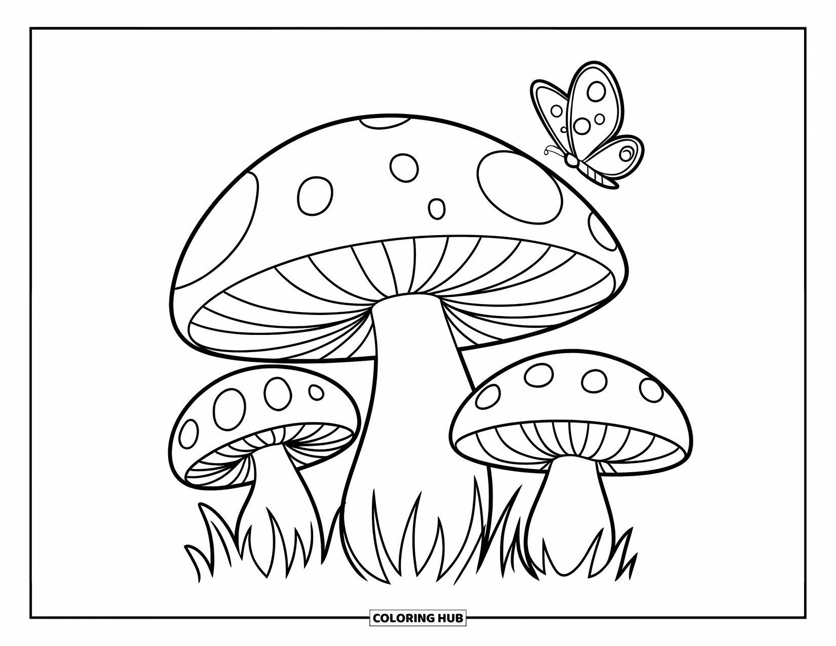 Mushroom Coloring Page for Kids: A small family of mushrooms with a wandering butterfly