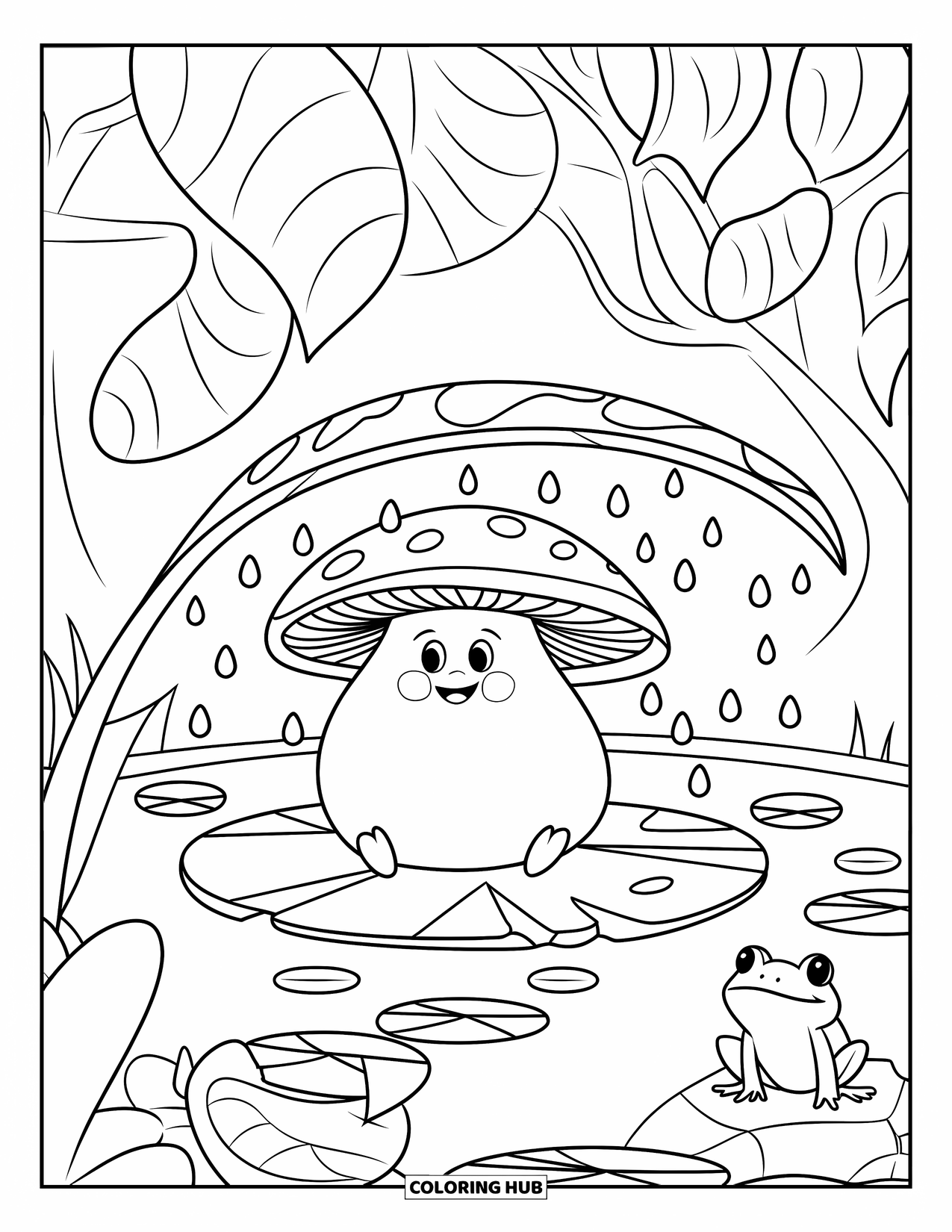 Mushroom Coloring Page for Kids: A smiling mushroom under a leaf with raindrops