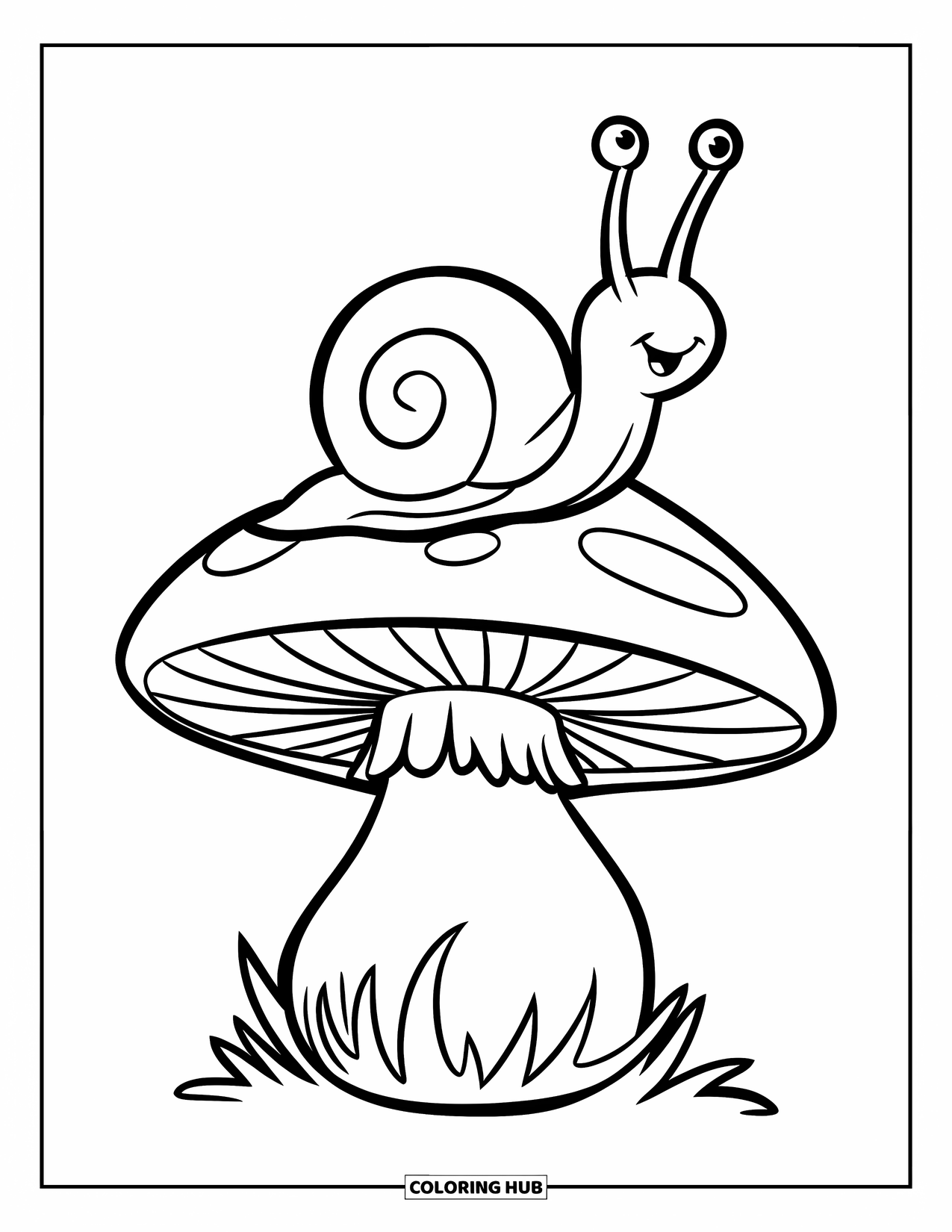 Mushroom Coloring Page for Kids: A snail with a spiral shell on a big mushroom