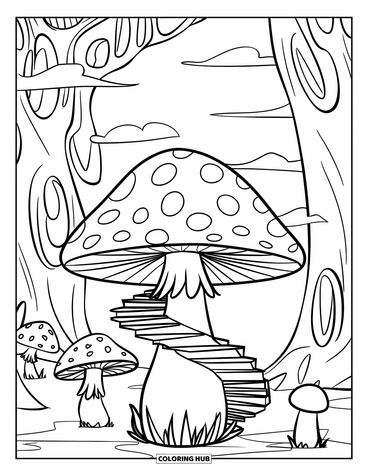 Mushroom Coloring Page for Kids: A spiral staircase wrapping around a mushroom in a forest