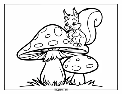 Mushroom Coloring Page for Kids: A squirrel holding an acorn beside a mushroom