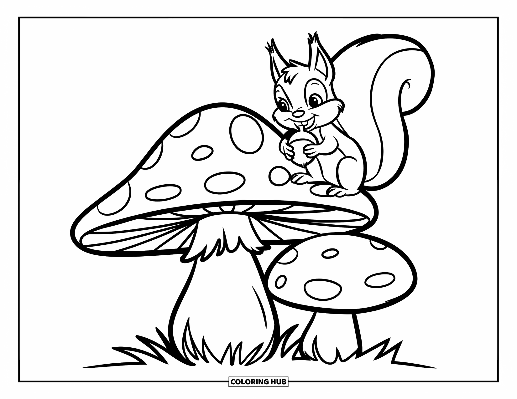 Mushroom Coloring Page for Kids: A squirrel holding an acorn beside a mushroom