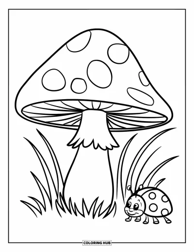 Mushroom Coloring Page for Kids: A tiny ladybug exploring a mushroom surrounded by grass