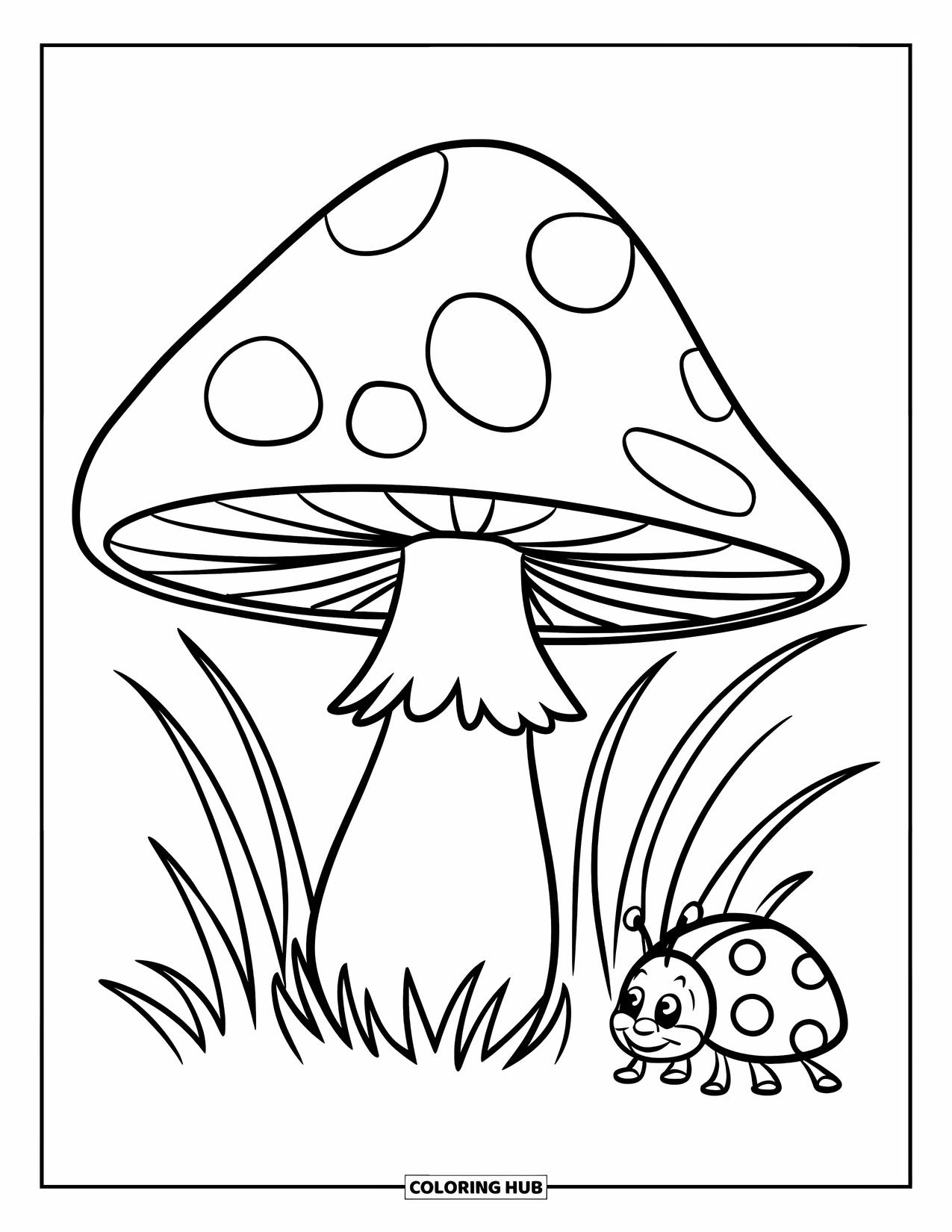 Mushroom Coloring Page for Kids: A tiny ladybug exploring a mushroom surrounded by grass