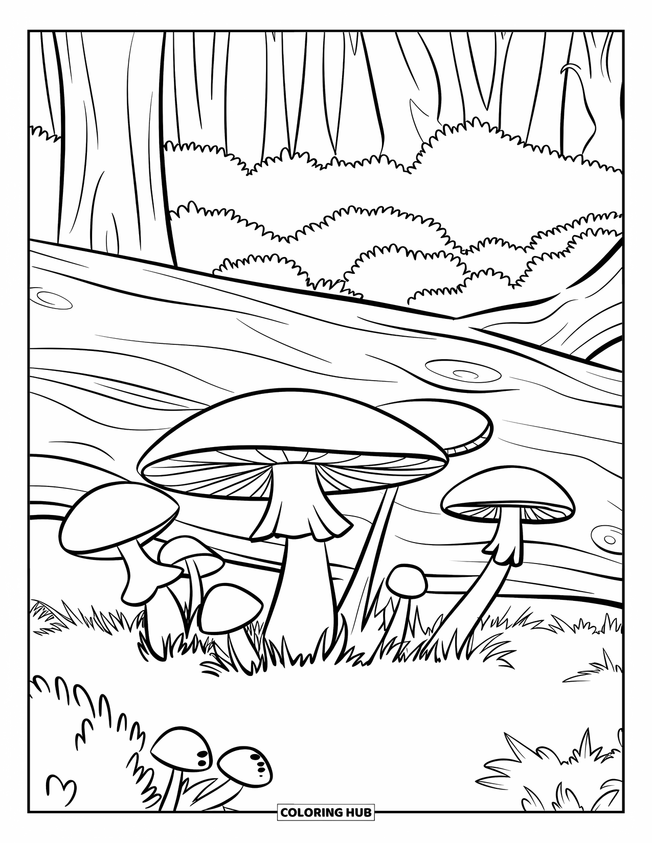 Mushroom Coloring Page for Kids: A tree log with mushrooms growing around it