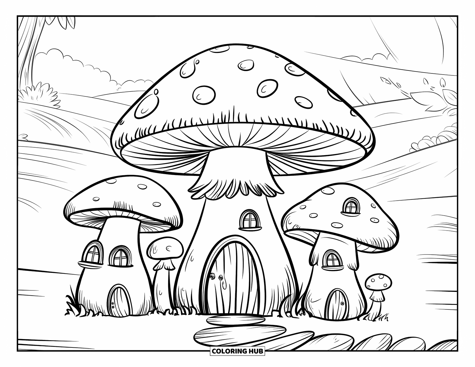 Mushroom Coloring Page for Kids: A village of mushrooms with tiny doors and paths