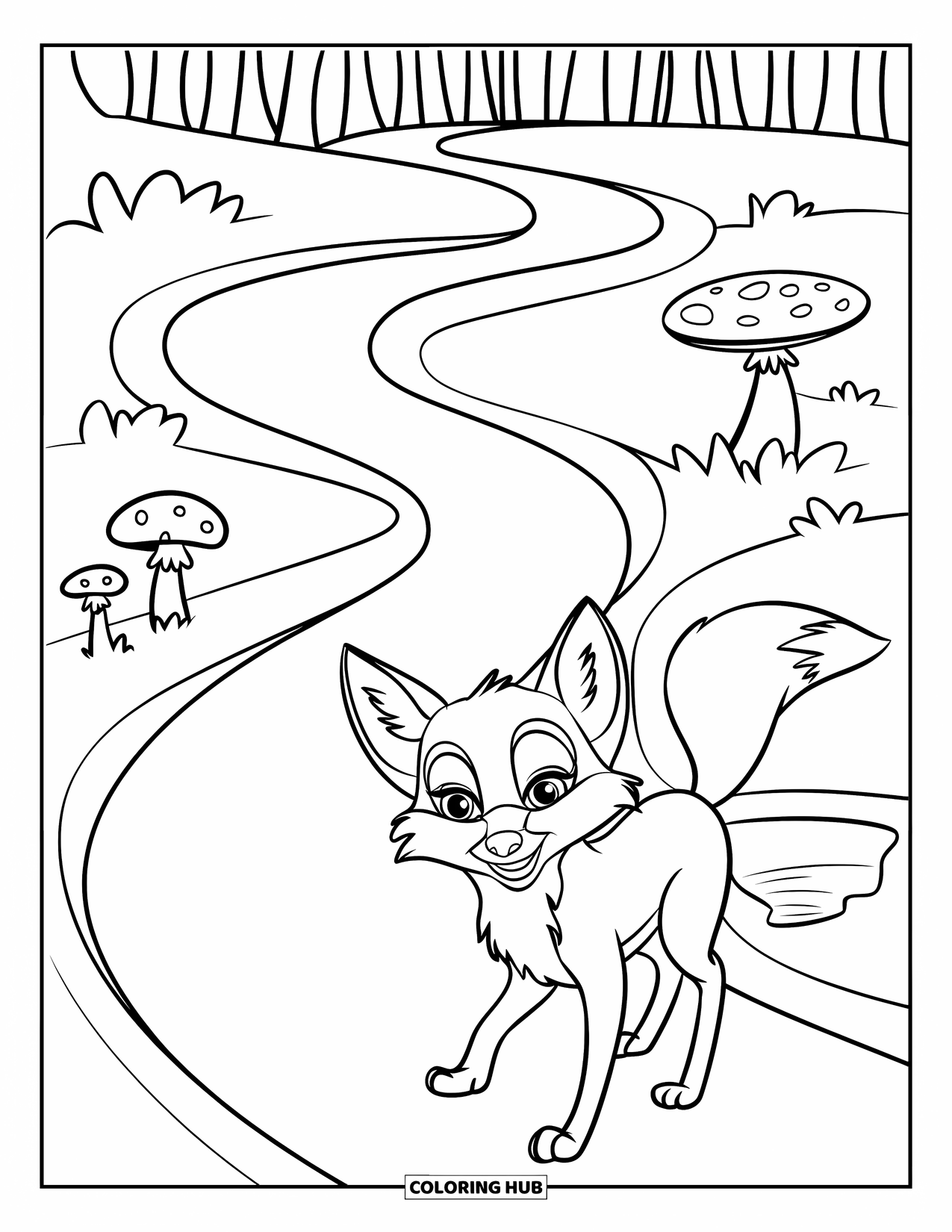 Mushroom Coloring Page for Kids: A winding path with three mushrooms and a curious fox