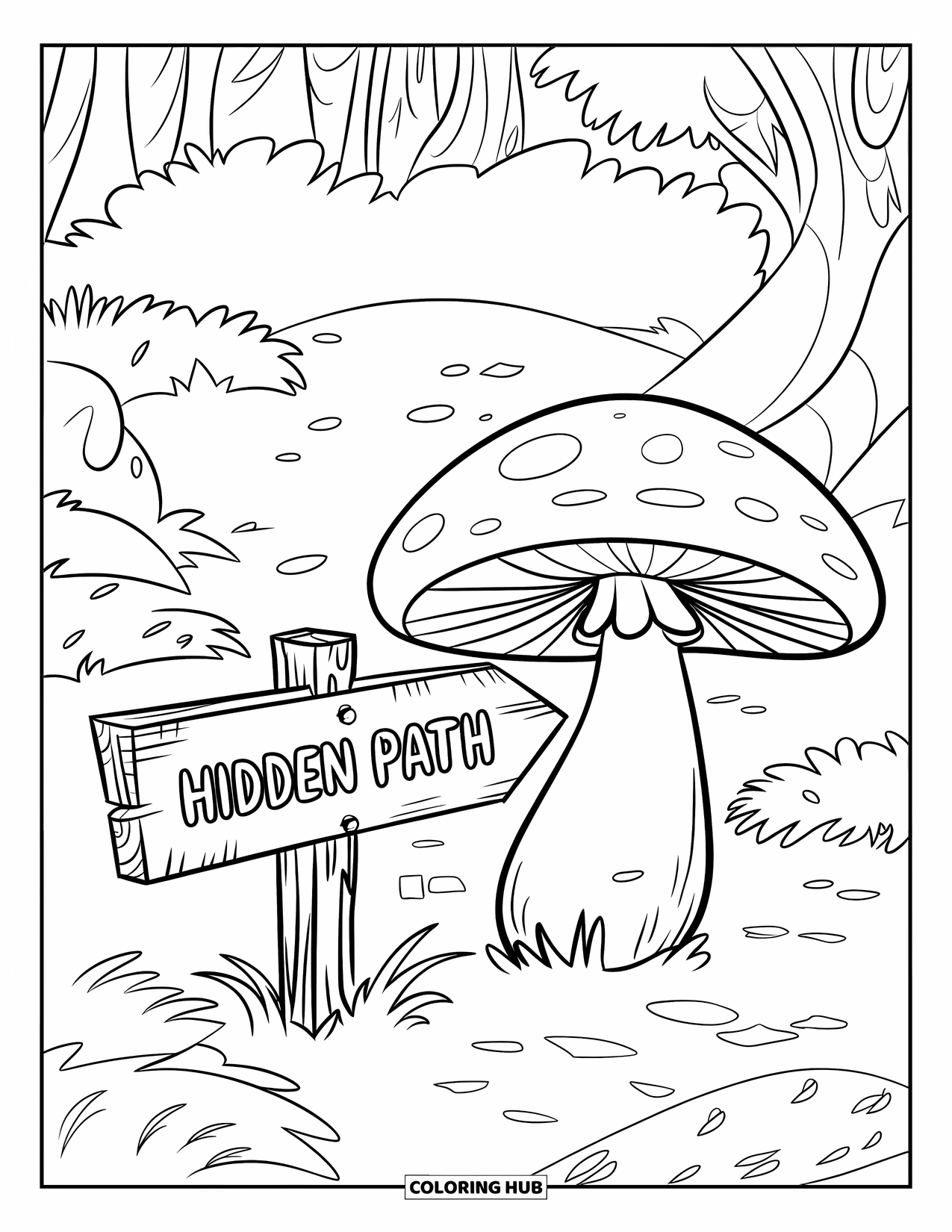 Mushroom Coloring Page for Kids: A wooden sign by a mushroom leading to a hidden path
