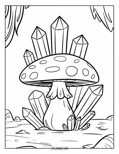Mushroom Coloring Page for Kids: Crystals growing around a large mushroom