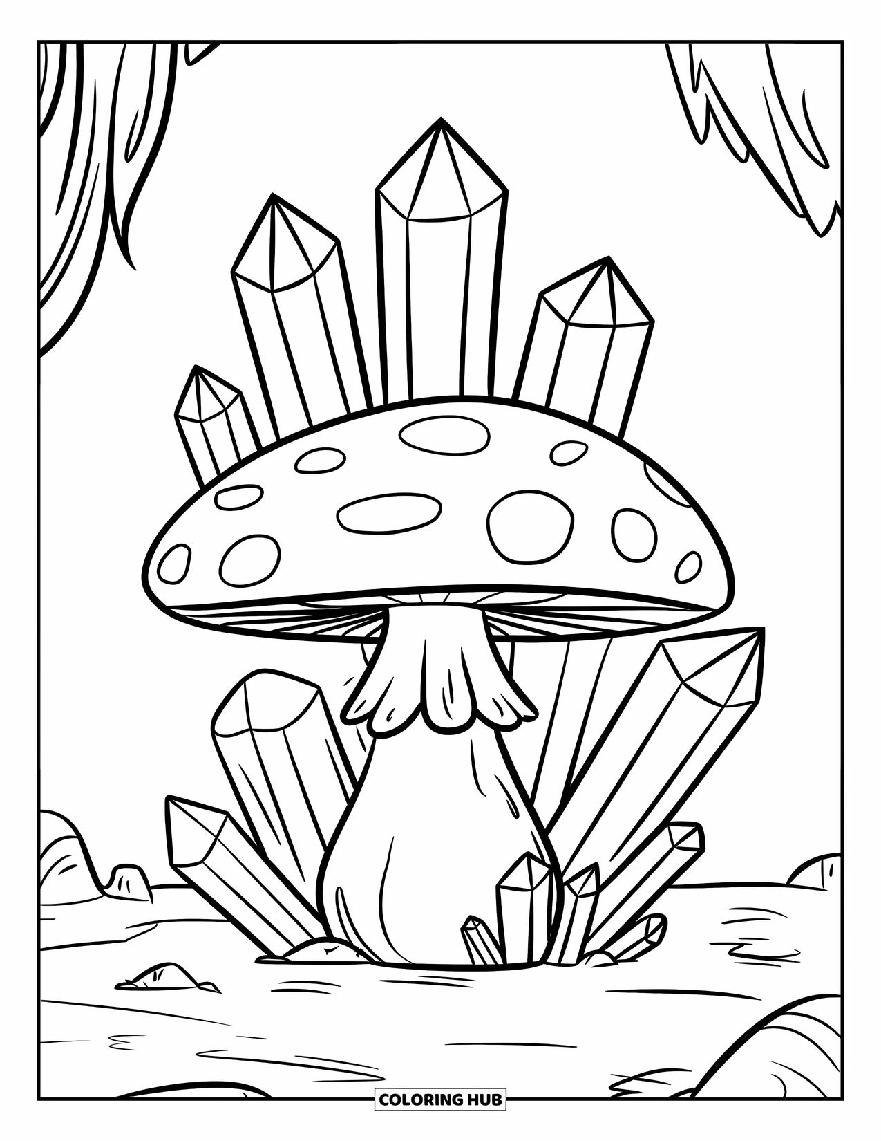 Mushroom Coloring Page for Kids: Crystals growing around a large mushroom