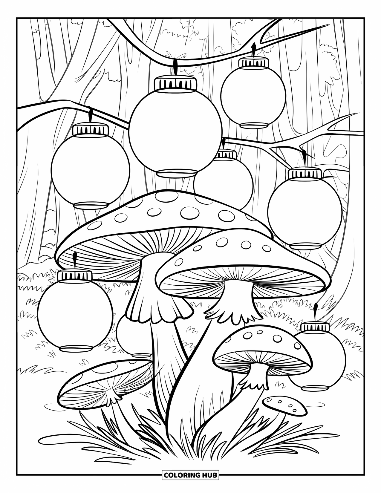 Mushroom Coloring Page for Kids: Glowing lanterns in a mushroom grove with various sizes