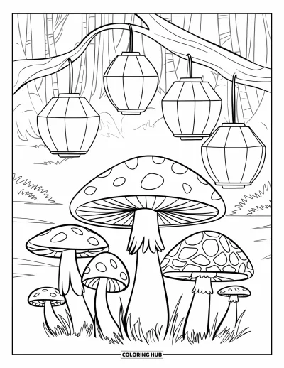 Mushroom Coloring Page for Kids: Lanterns hanging in a mushroom grove with a path