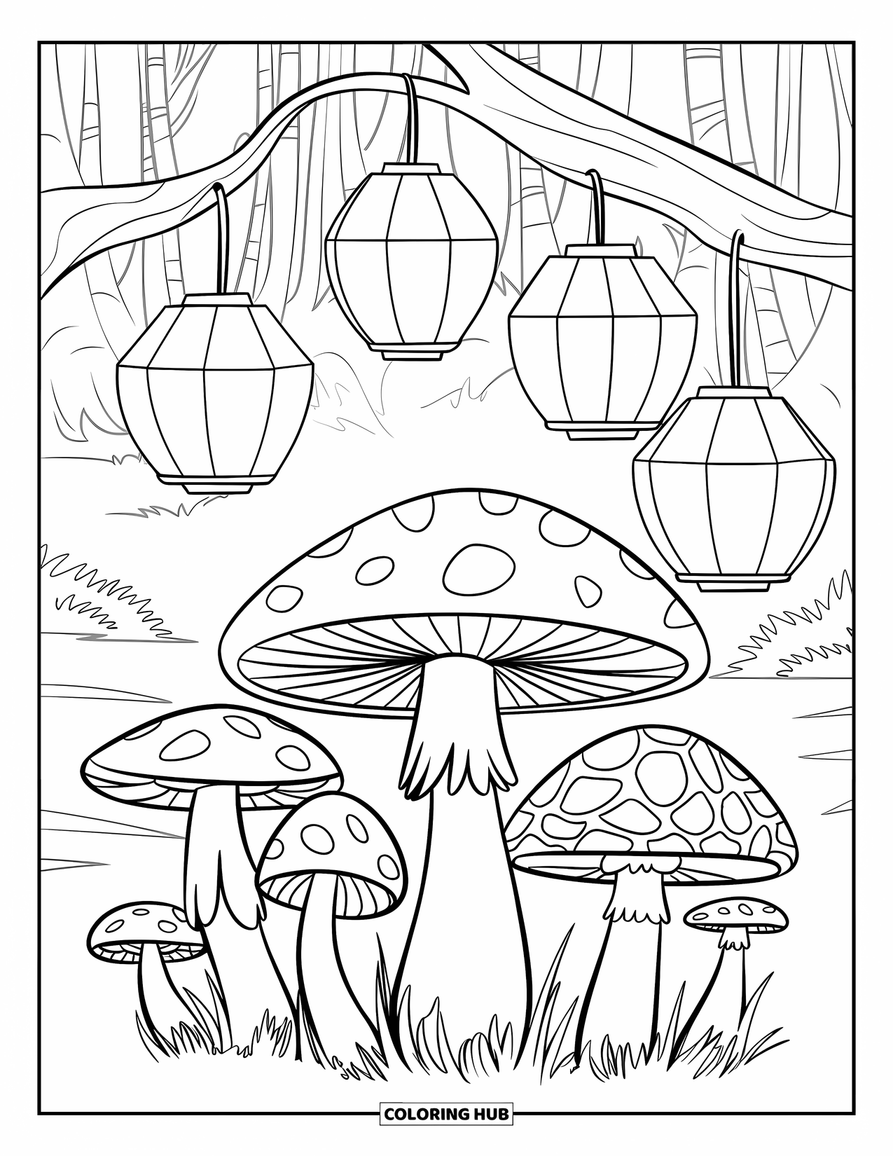 Mushroom Coloring Page for Kids: Lanterns hanging in a mushroom grove with a path