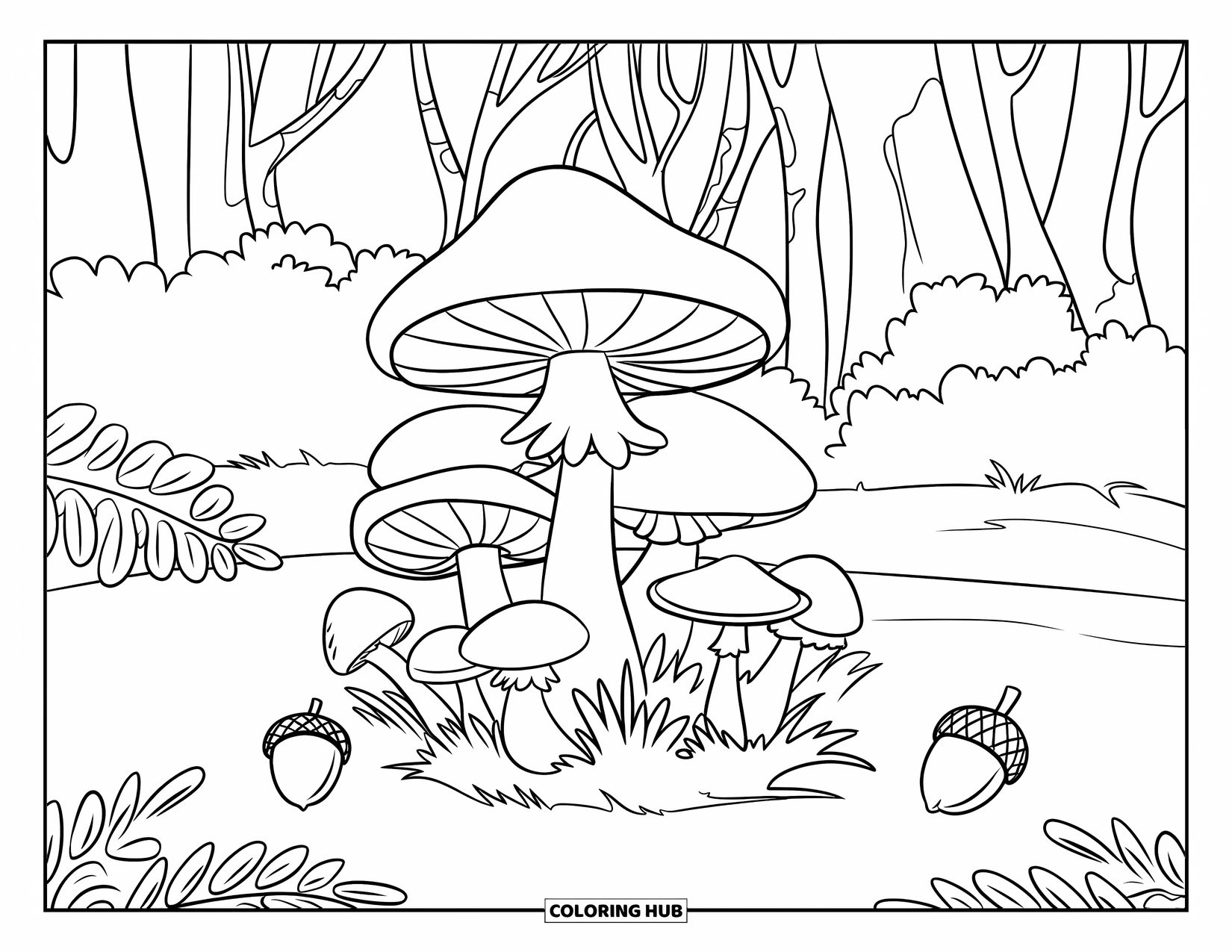 Mushroom Coloring Page for Kids: Mushrooms, acorns, and ferns in a forest clearing