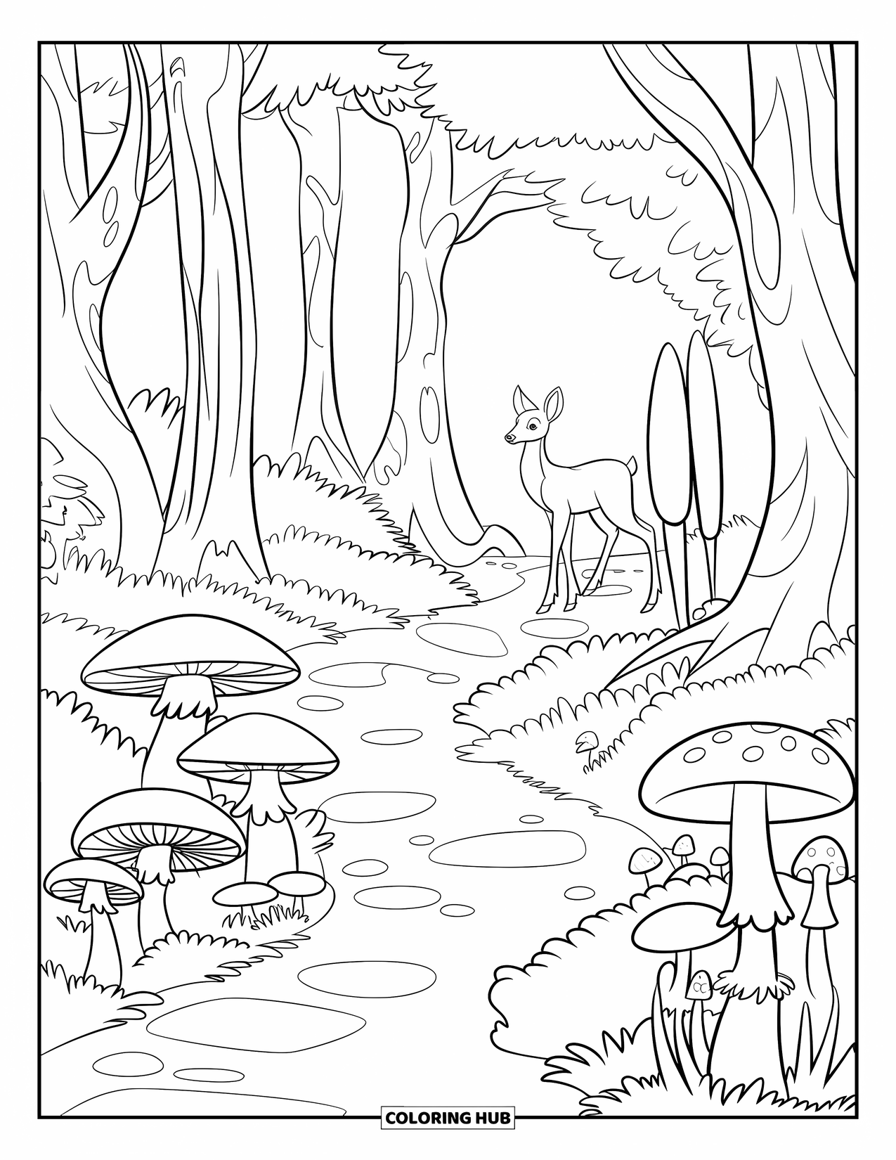 Mushroom Coloring Page for Kids: Mushrooms along a path with a deer in the distance