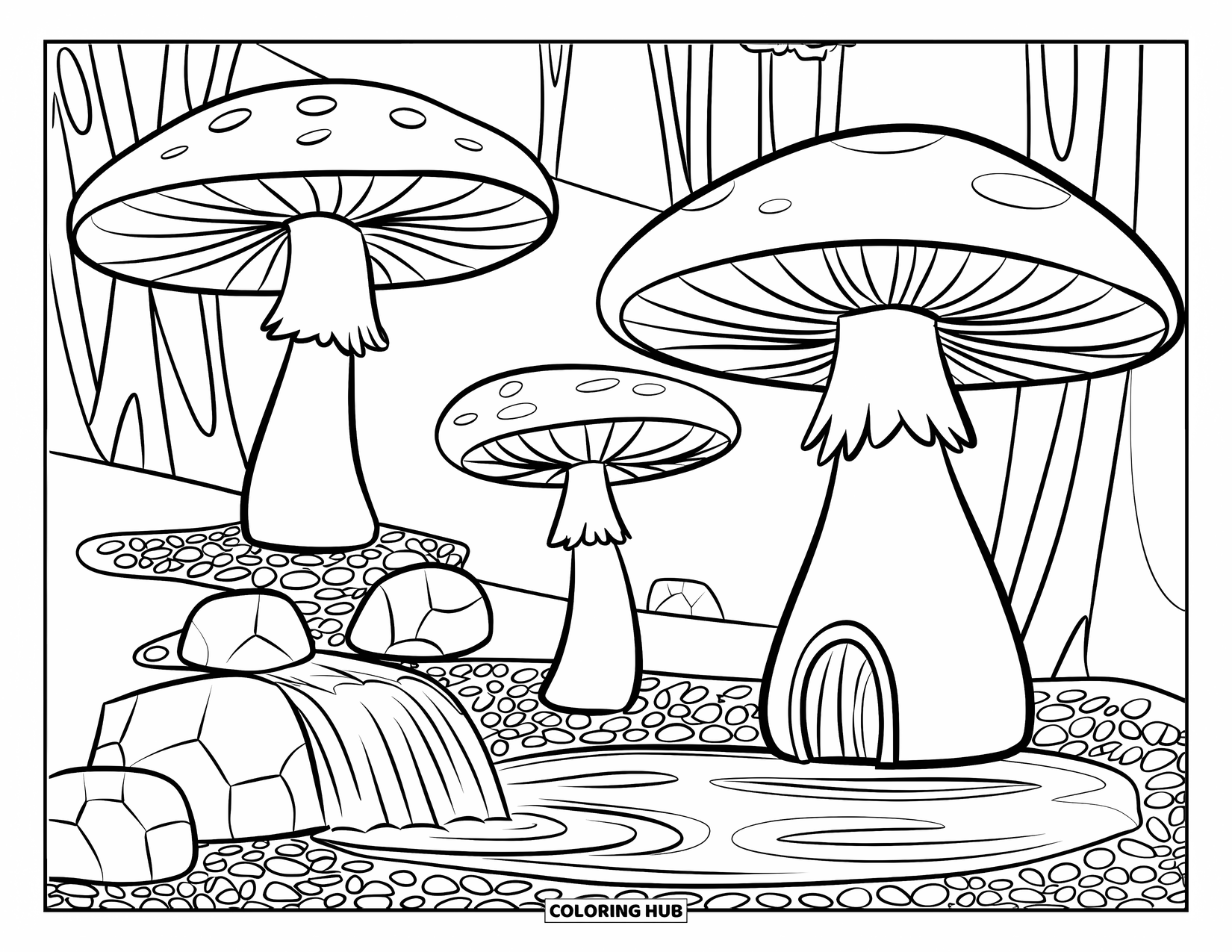 Mushroom Coloring Page for Kids: Mushrooms and a tiny waterfall surrounded by pebbles