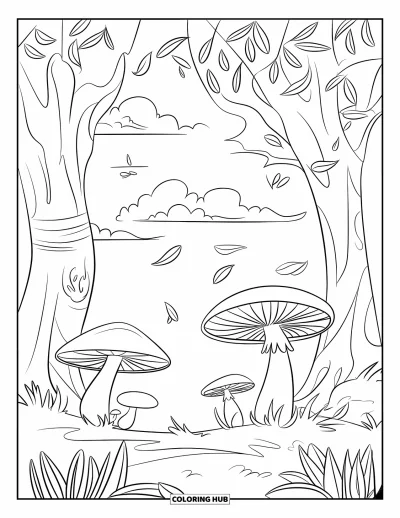 Mushroom Coloring Page for Kids: Mushrooms and leaves blowing in a gentle breeze