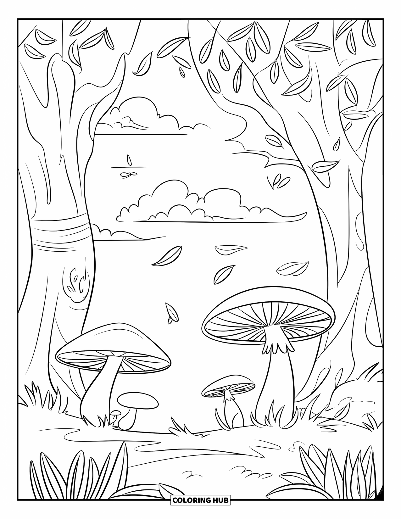 Mushroom Coloring Page for Kids: Mushrooms and leaves blowing in a gentle breeze