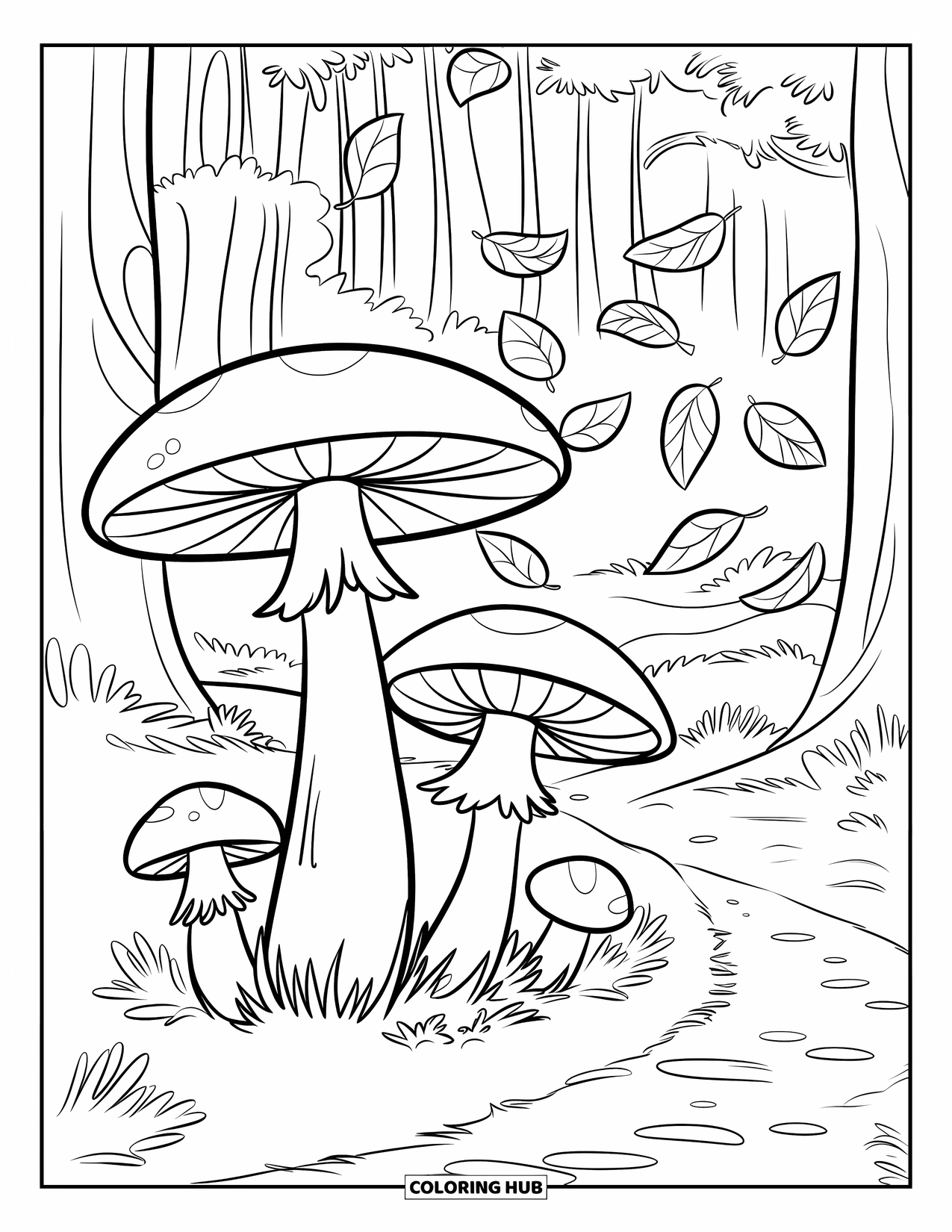 Mushroom Coloring Page for Kids: Mushrooms and scattered leaves in a breezy forest