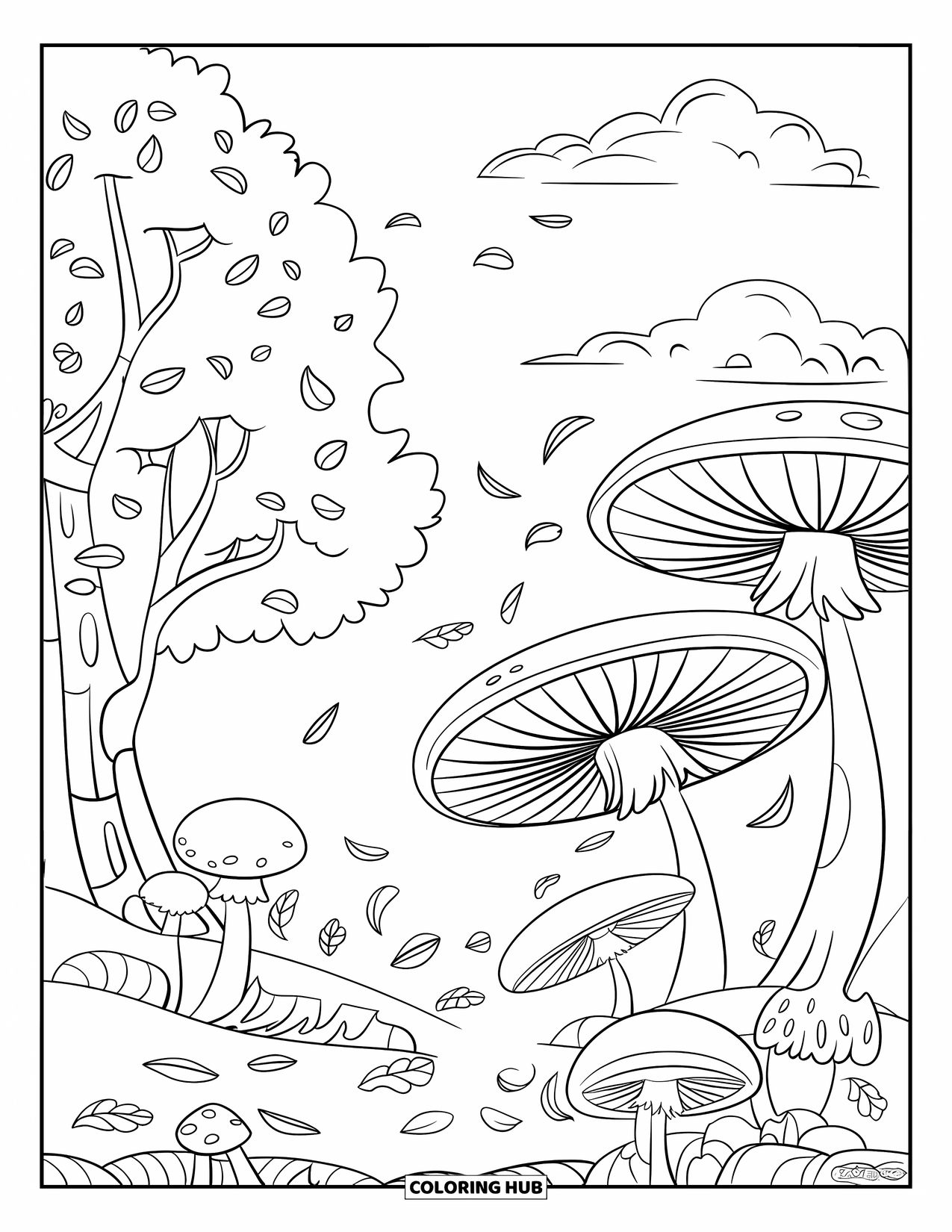 Mushroom Coloring Page for Kids: Mushrooms and trees with leaves drifting in the wind