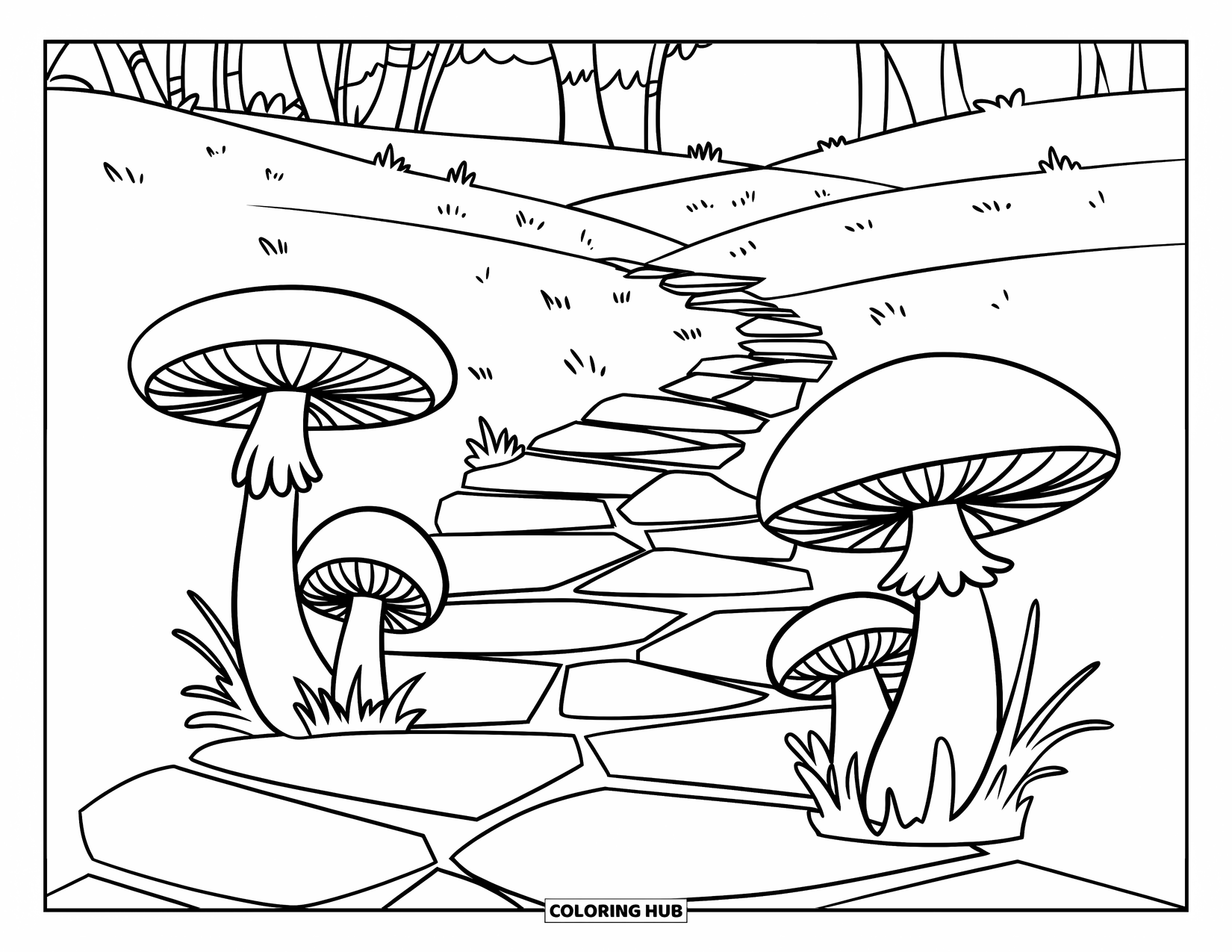 Mushroom Coloring Page for Kids: Mushrooms around a cracked stone path with trees