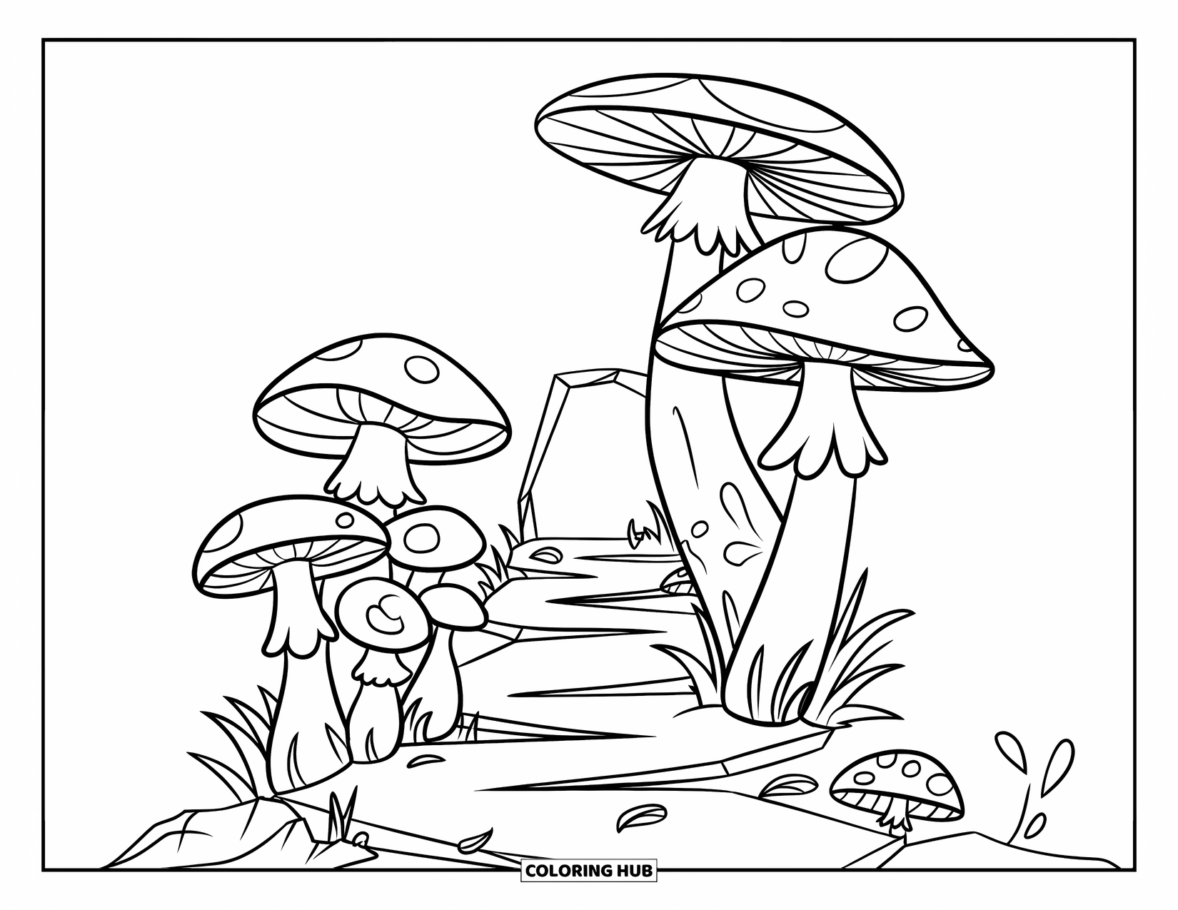 Mushroom Coloring Page for Kids: Mushrooms by a cracked path leading to a dark opening