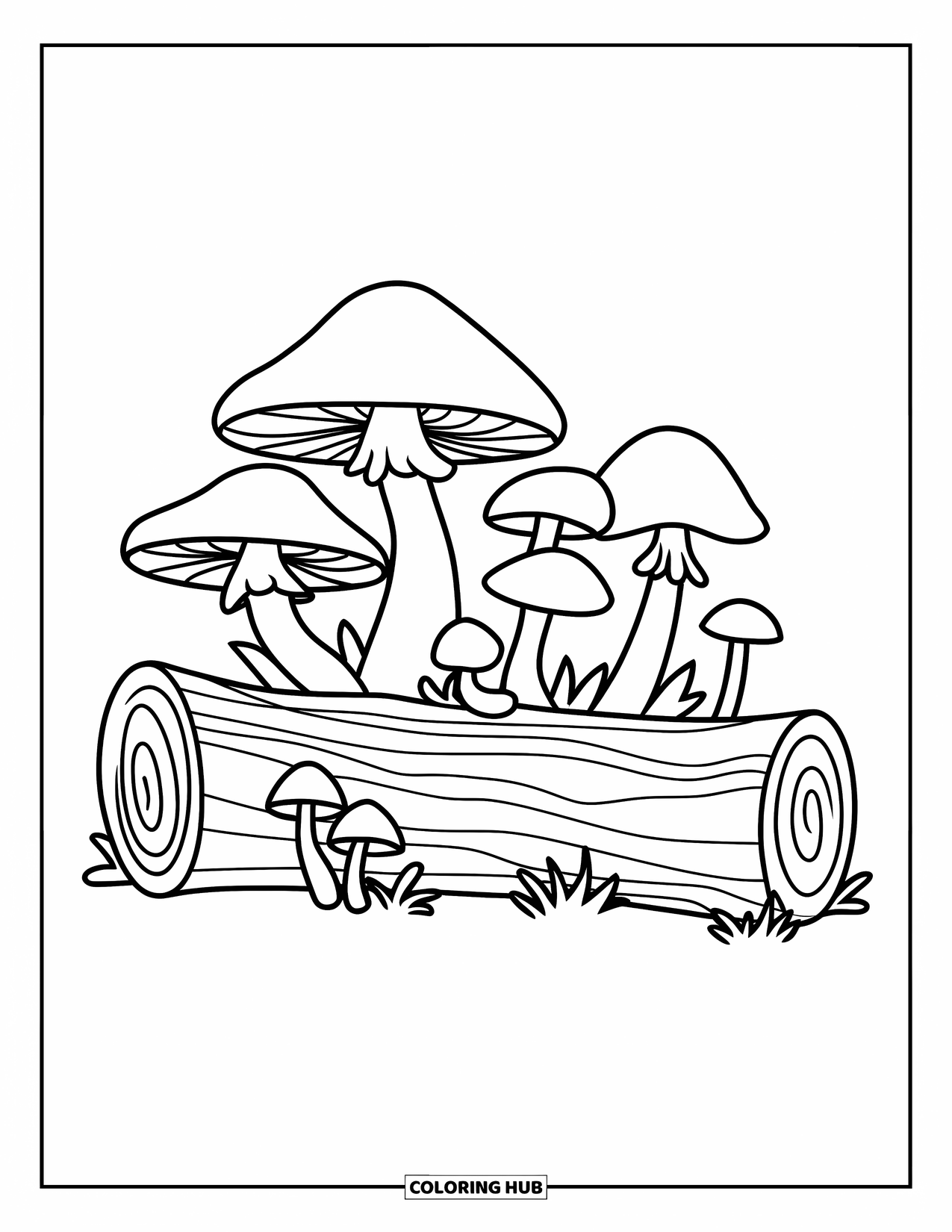 Mushroom Coloring Page for Kids: Mushrooms by a fallen log in a forest setting