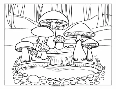 Mushroom Coloring Page for Kids: Mushrooms by a tiny waterfall with smooth pebbles