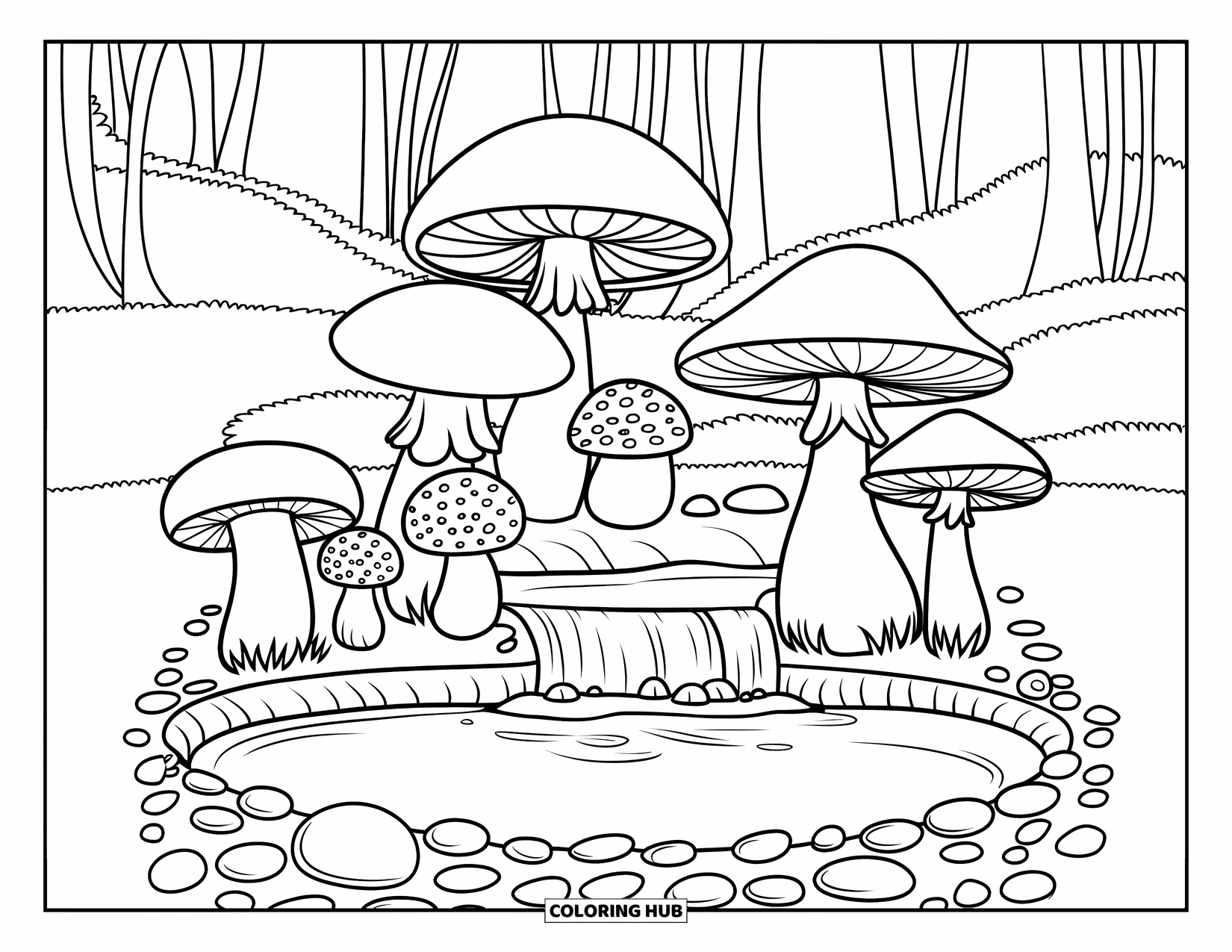 Mushroom Coloring Page for Kids: Mushrooms by a tiny waterfall with smooth pebbles