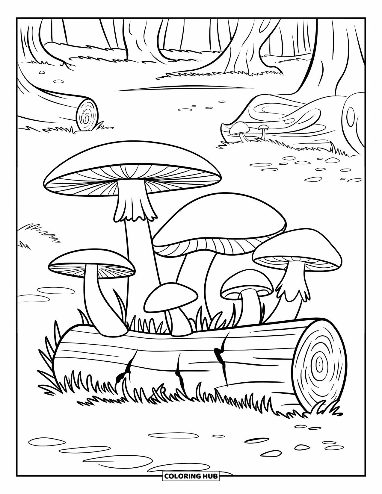 Mushroom Coloring Page for Kids: Mushrooms growing around a fallen tree log