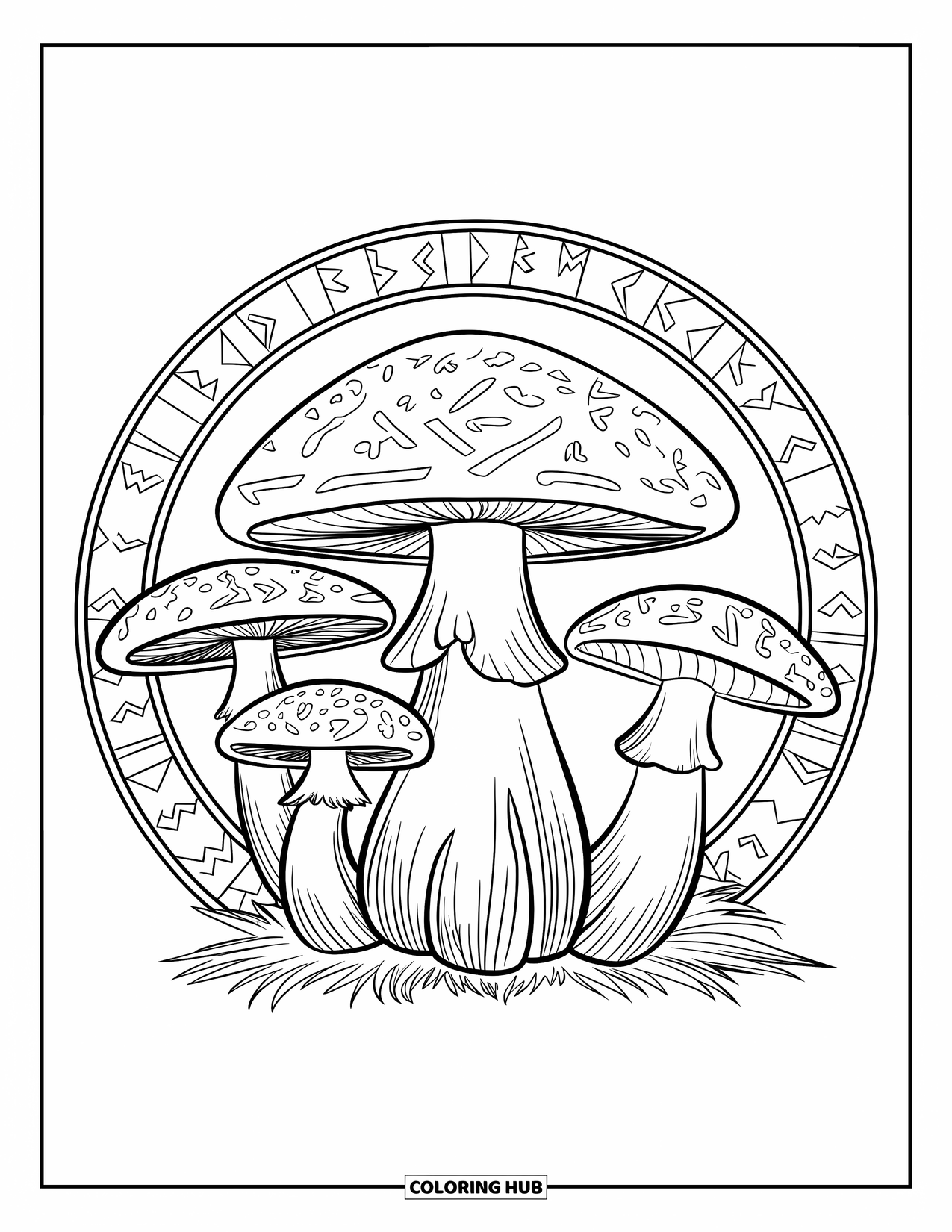 Mushroom Coloring Page for Kids: Mushrooms in a circle with carved runes