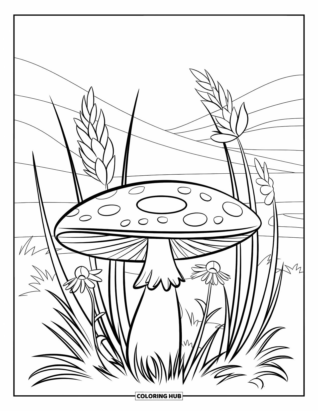 Mushroom Coloring Page for Kids: Mushrooms in a field of grass and blooming flowers