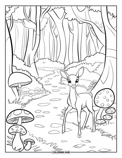 Mushroom Coloring Page for Kids: Mushrooms on a path surrounded by trees and a deer nearby