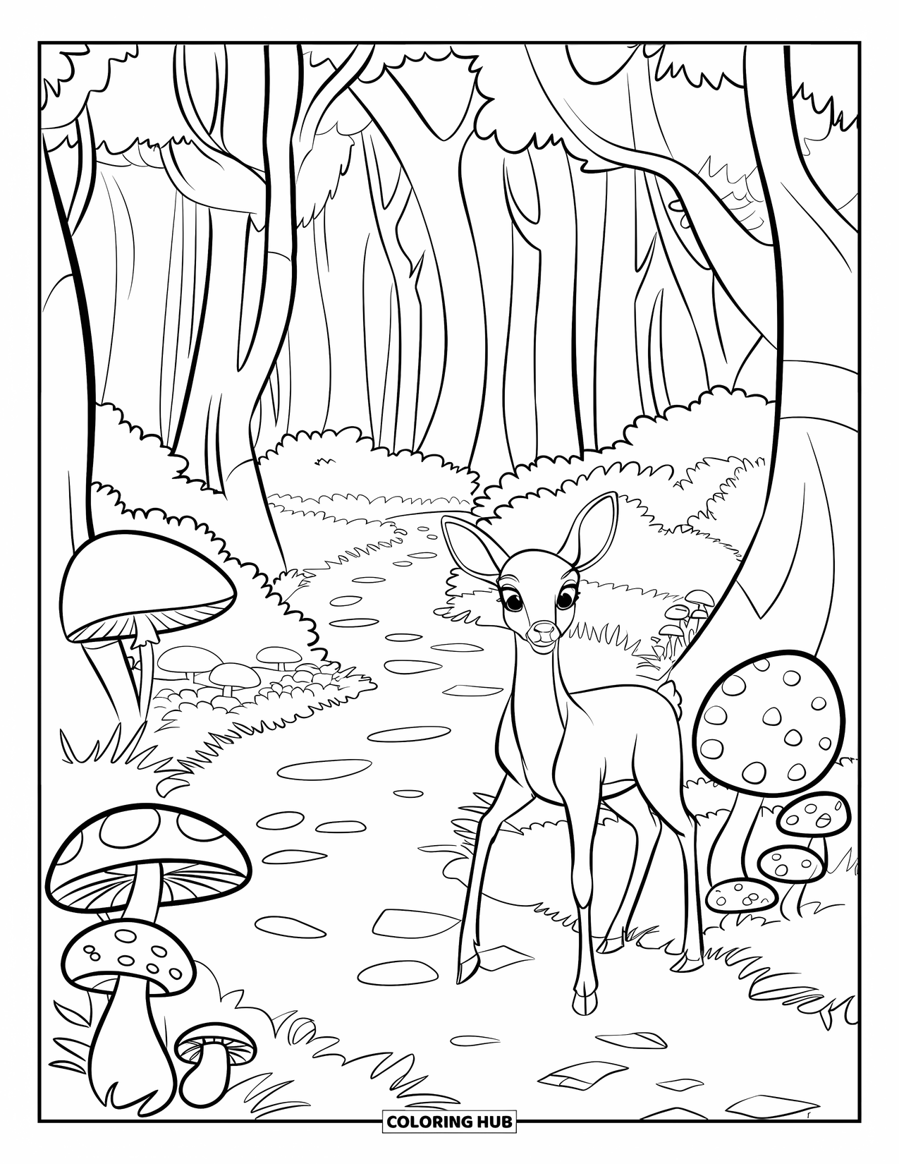 Mushroom Coloring Page for Kids: Mushrooms on a path surrounded by trees and a deer nearby