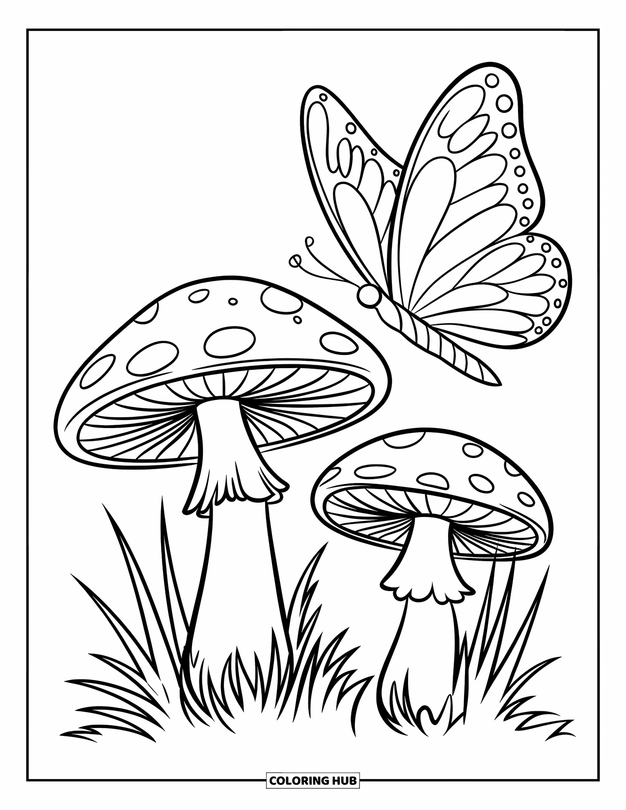 Mushroom Coloring Page for Kids: Mushrooms side by side with a butterfly nearby