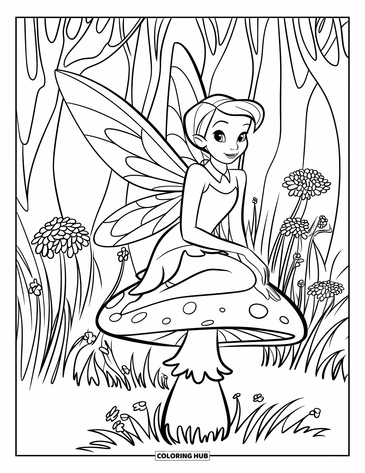 Mushroom Coloring Page for Kids: Mushrooms surrounded by flowers and tall grass