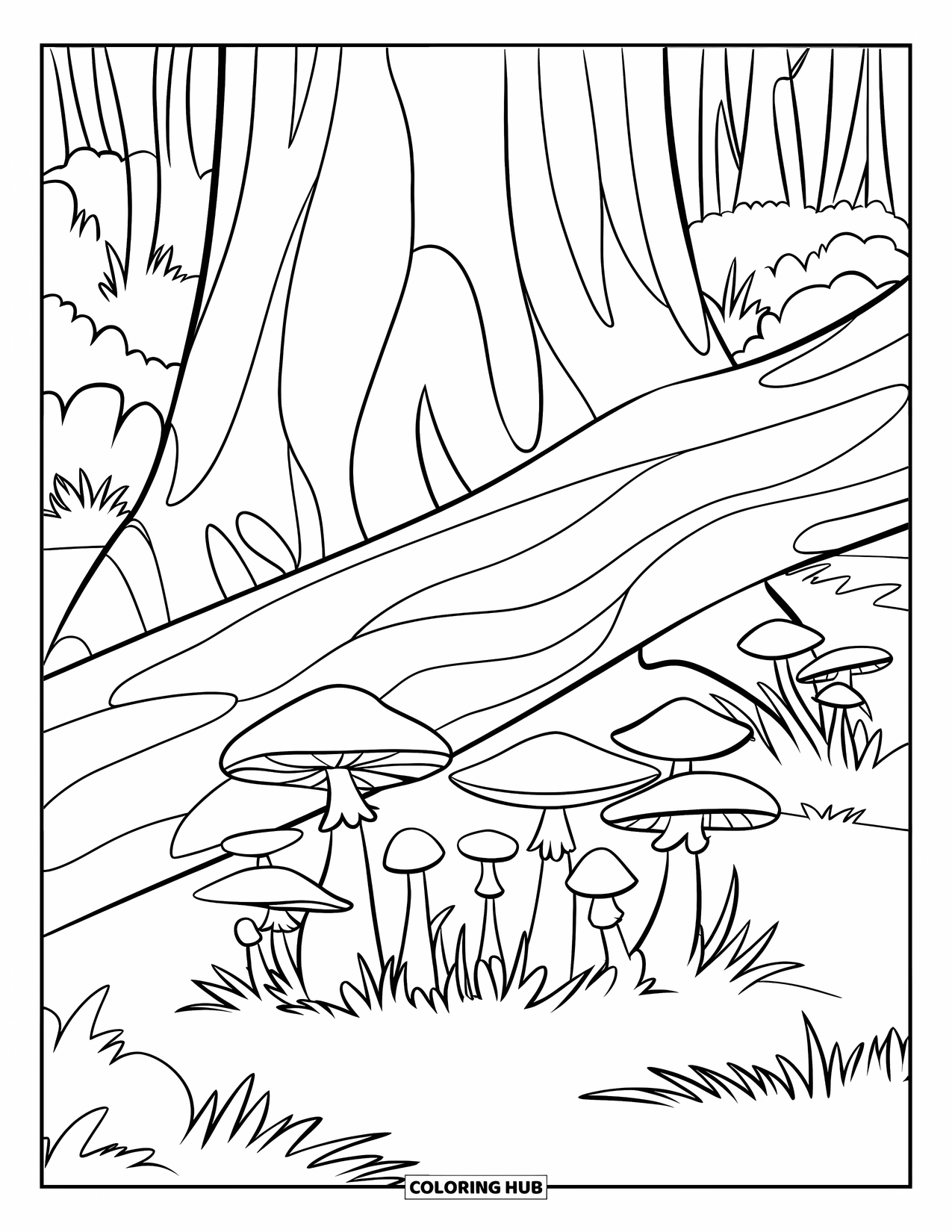 Mushroom Coloring Page for Kids: Mushrooms surrounding a fallen log in a forest