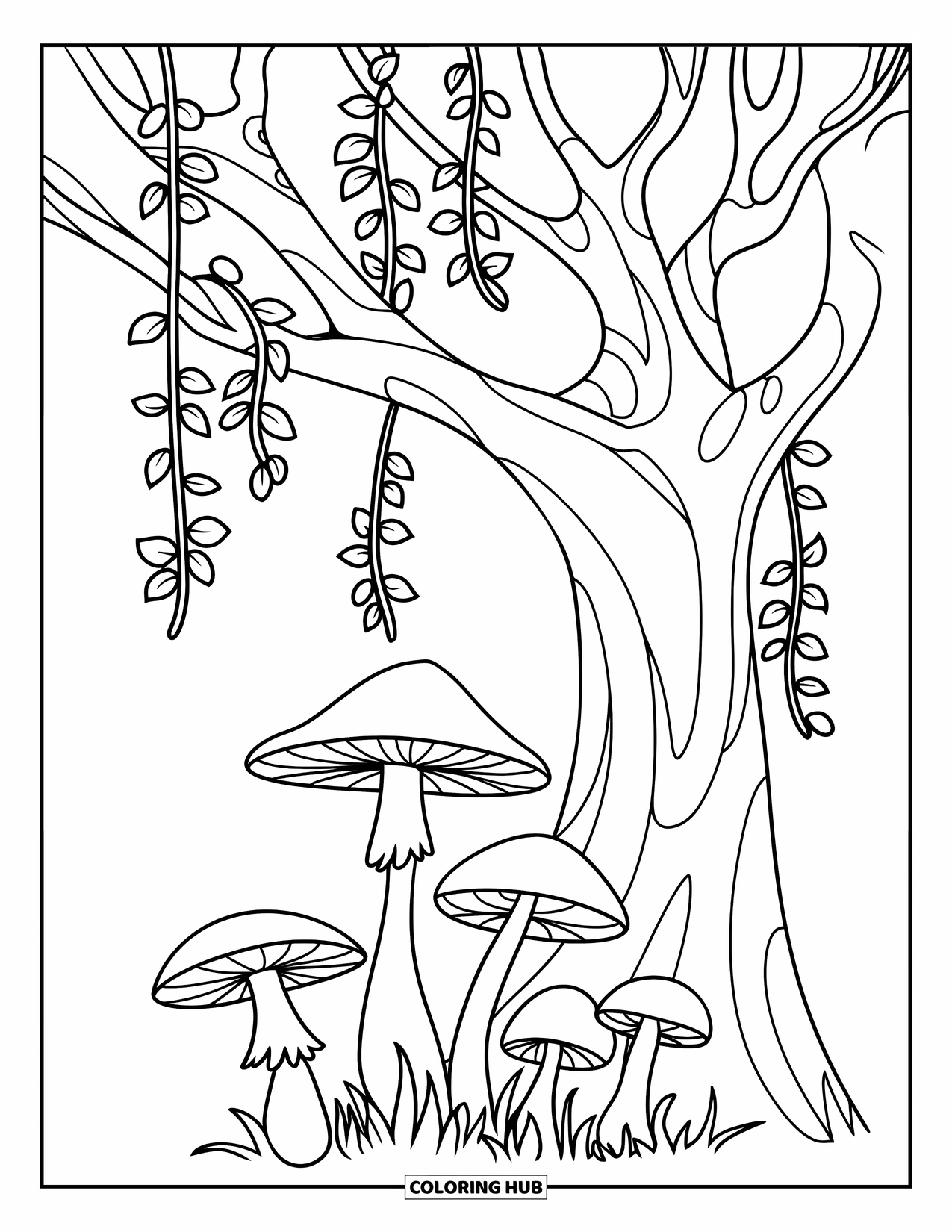 Mushroom Coloring Page for Kids: Mushrooms under a tree with hanging vines