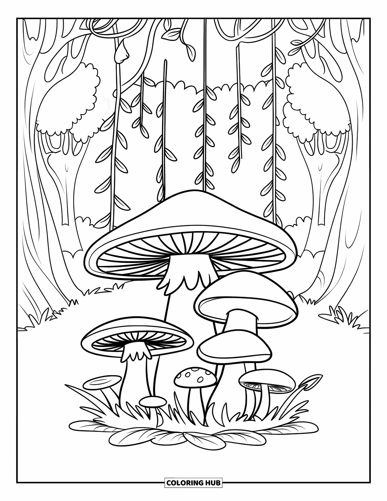 Mushroom Coloring Page for Kids: Mushrooms under a tree with long vines